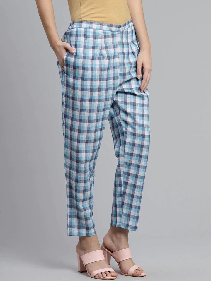 Blue Checkered Cotton Trousers - ShopLibas