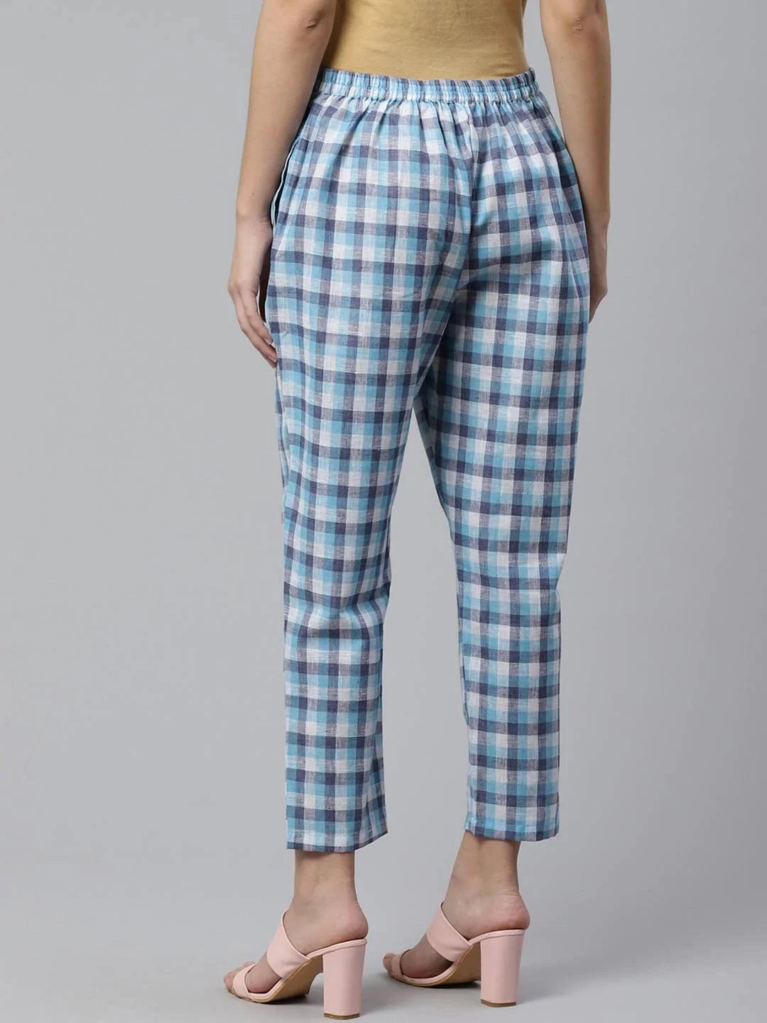 Blue Checkered Cotton Trousers - ShopLibas