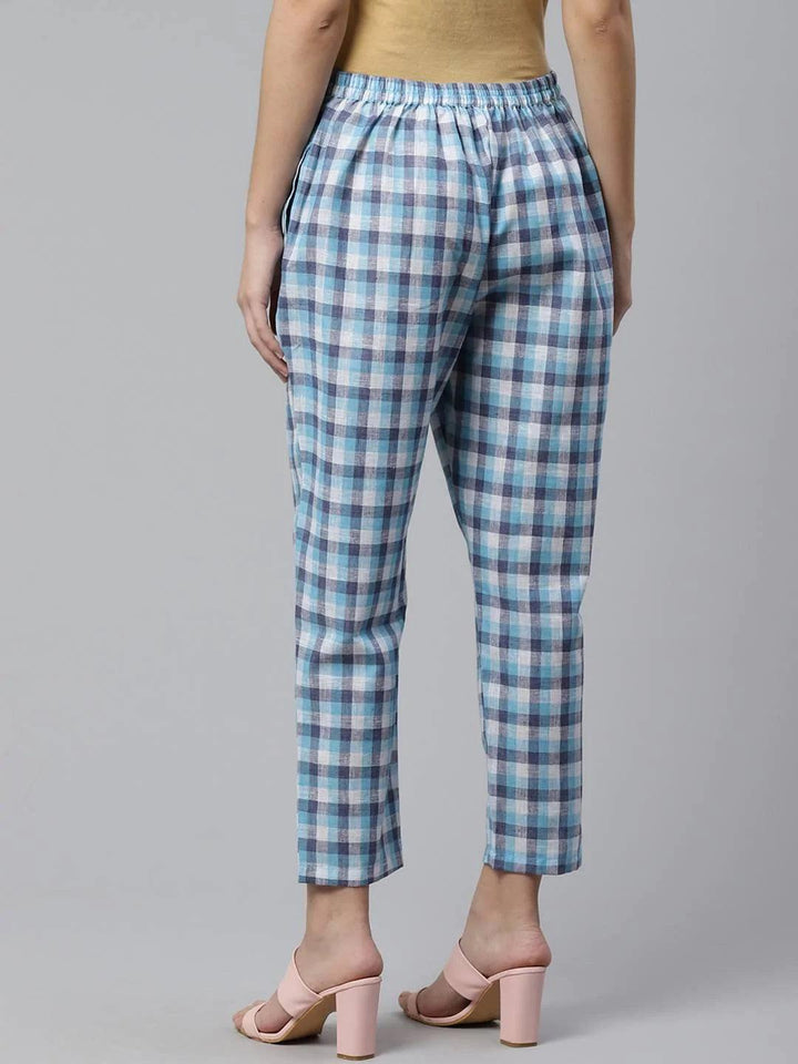 Blue Checkered Cotton Trousers - ShopLibas