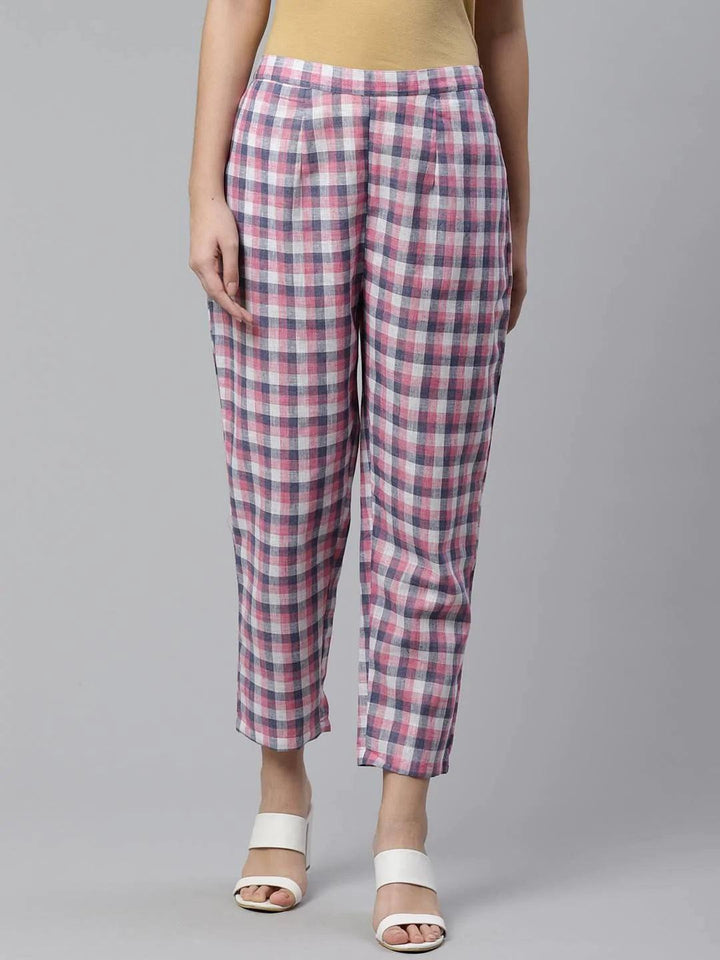 Purple Checkered Cotton Trousers - ShopLibas