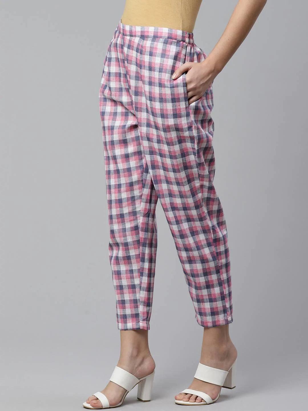 Purple Checkered Cotton Trousers - ShopLibas