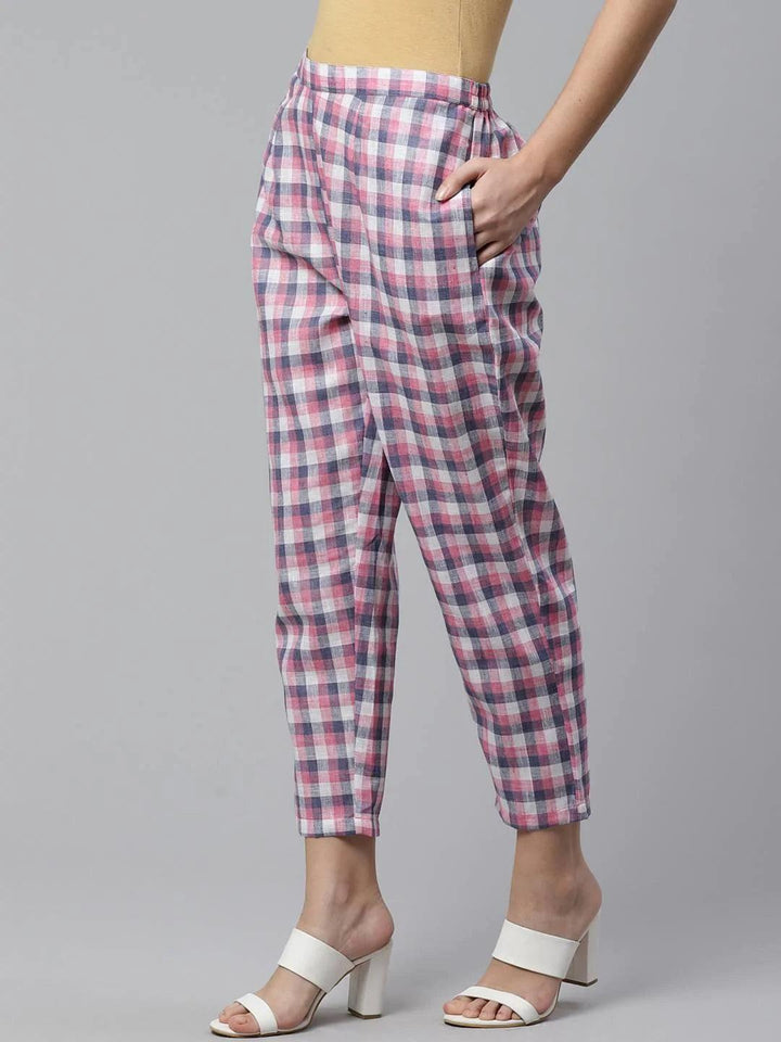 Purple Checkered Cotton Trousers - ShopLibas