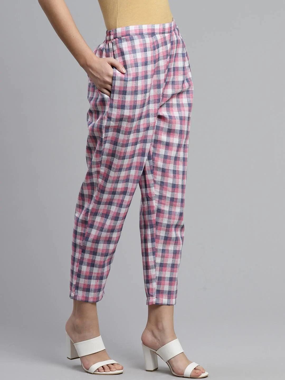 Purple Checkered Cotton Trousers - ShopLibas