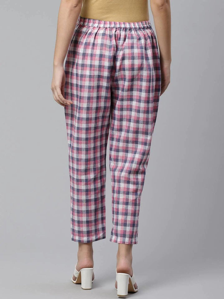 Purple Checkered Cotton Trousers - ShopLibas