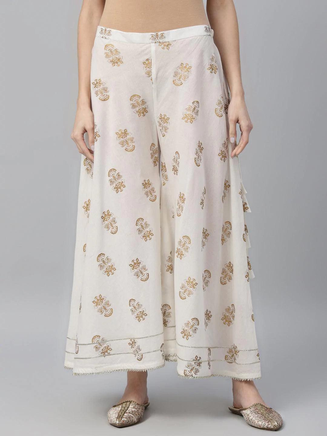 White Printed Cotton Palazzos - ShopLibas