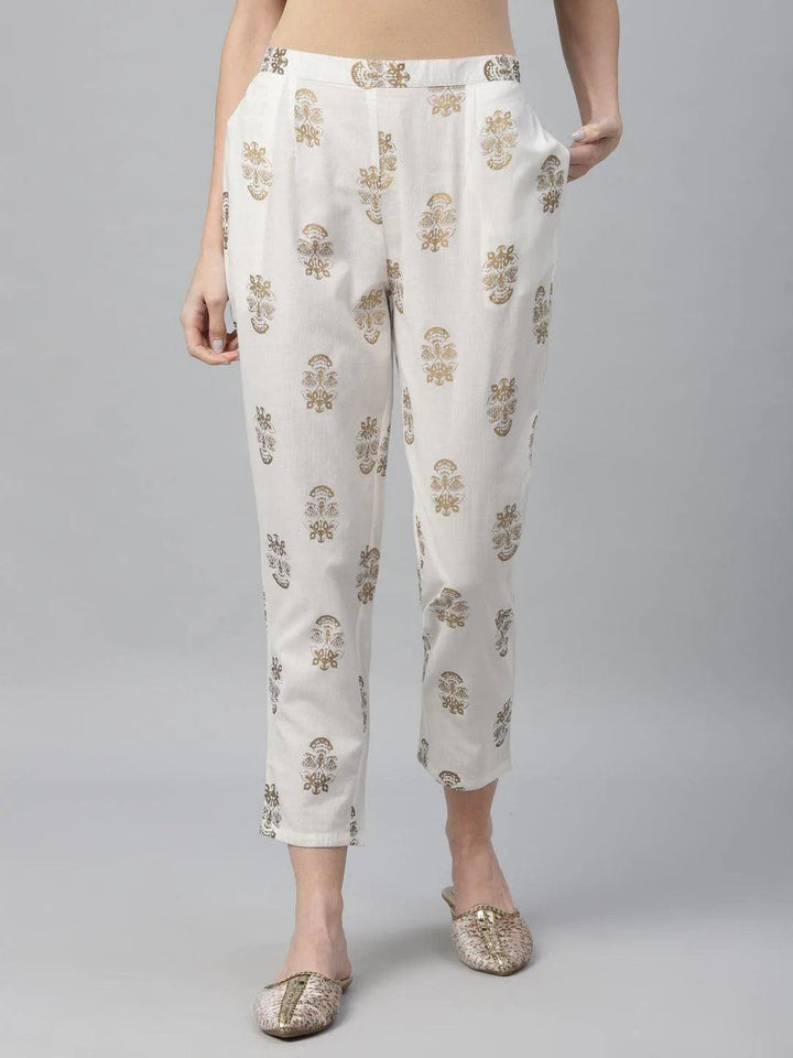White Printed Cotton Trousers
