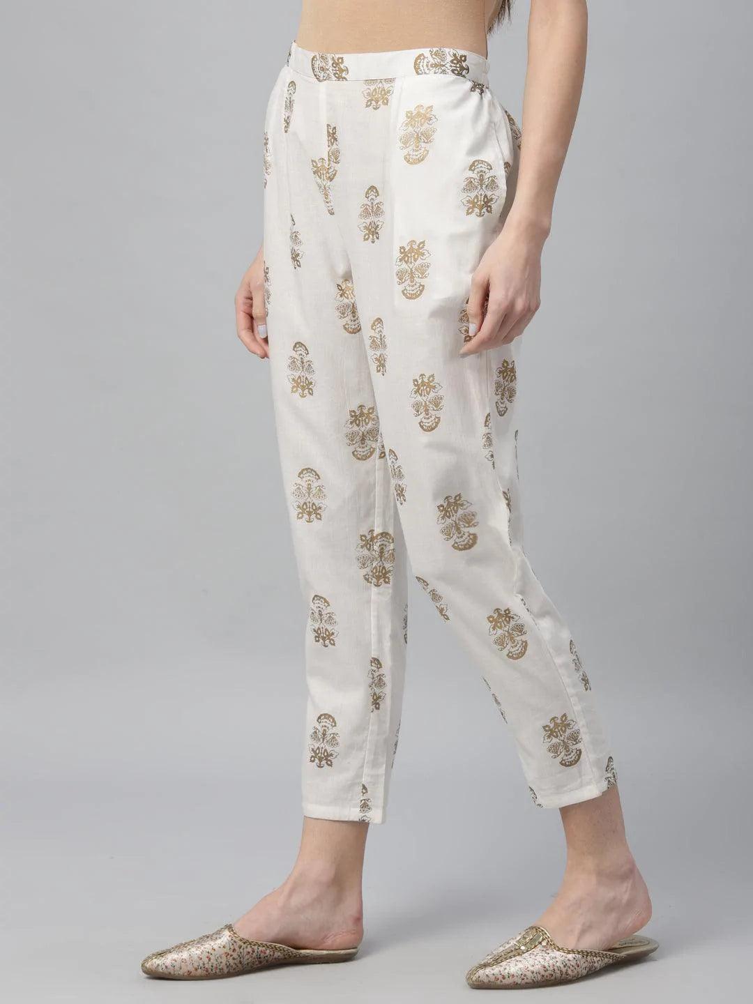 White Printed Cotton Trousers - ShopLibas 