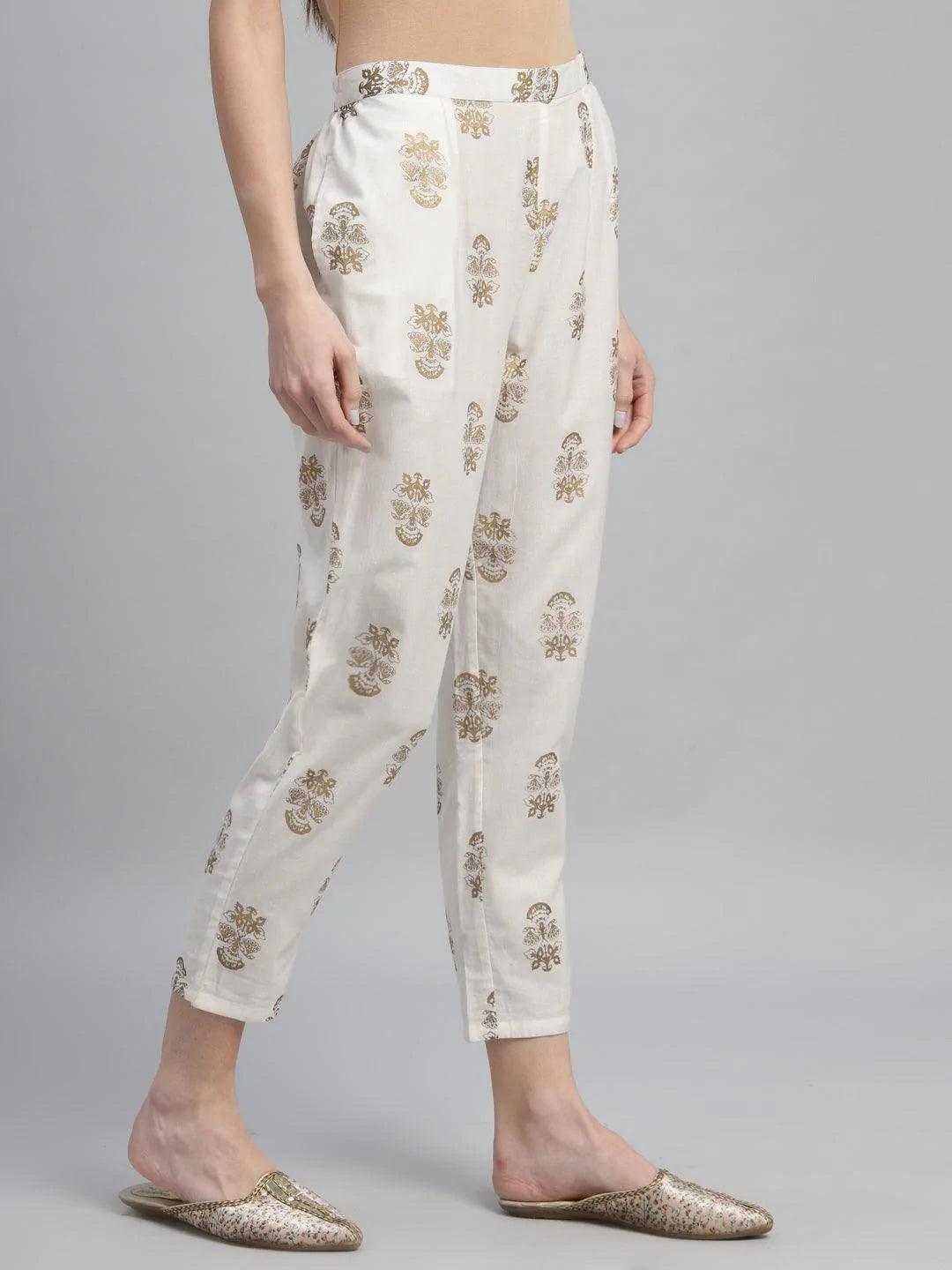 White Printed Cotton Trousers - ShopLibas 