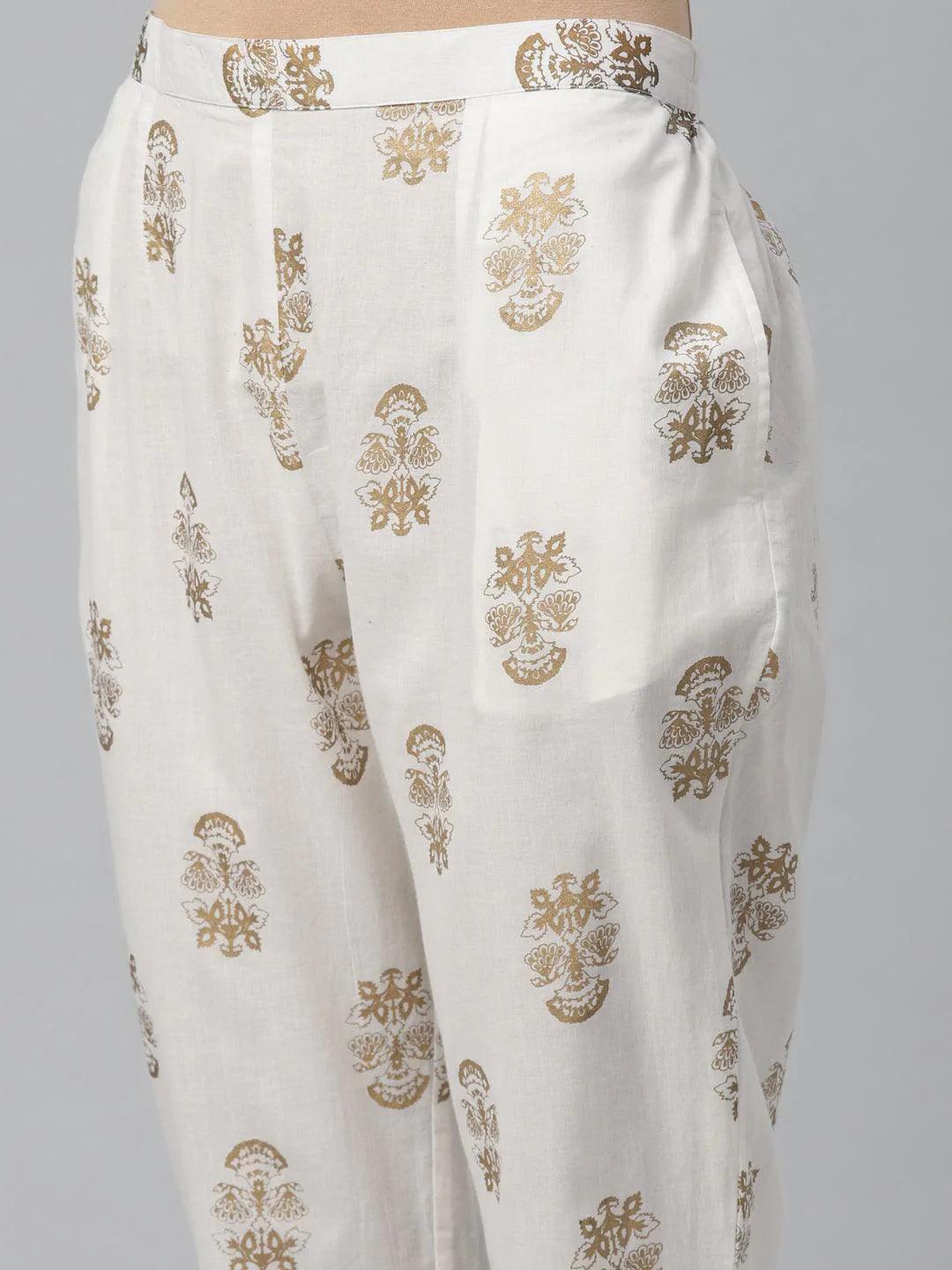 White Printed Cotton Trousers - ShopLibas 