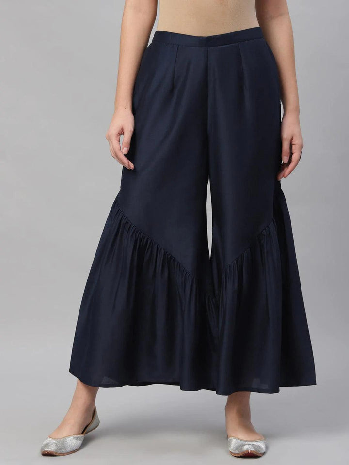 Navy Blue Solid Polyester Sharara Pants
