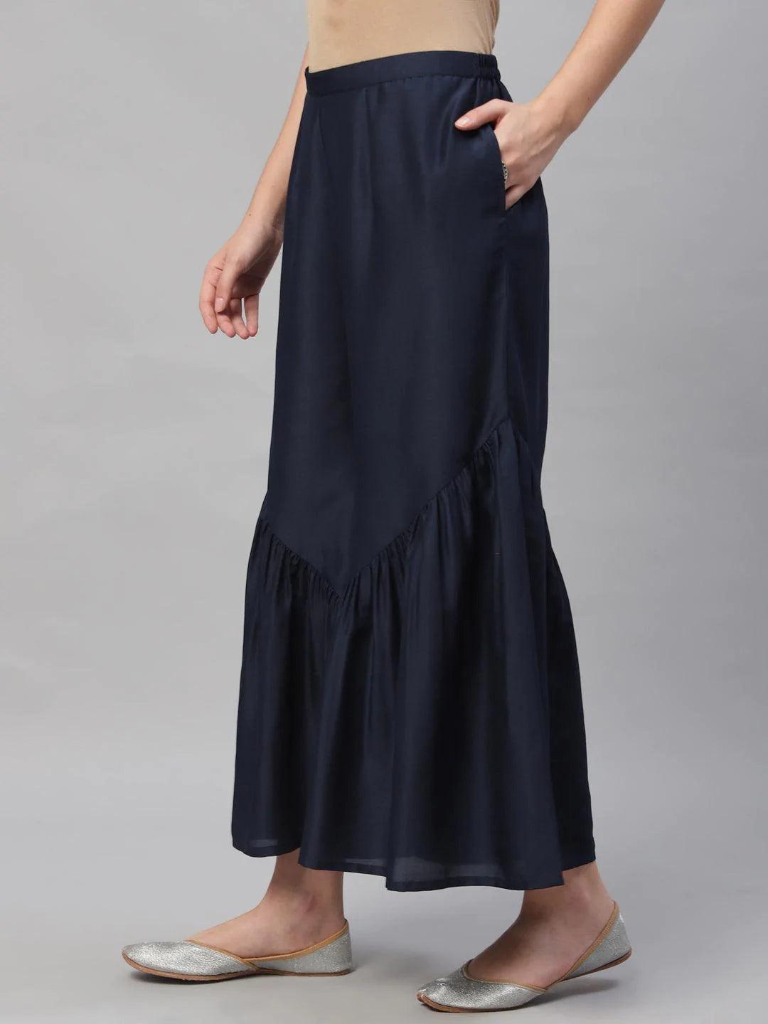 Navy Blue Solid Polyester Sharara Pants - ShopLibas 