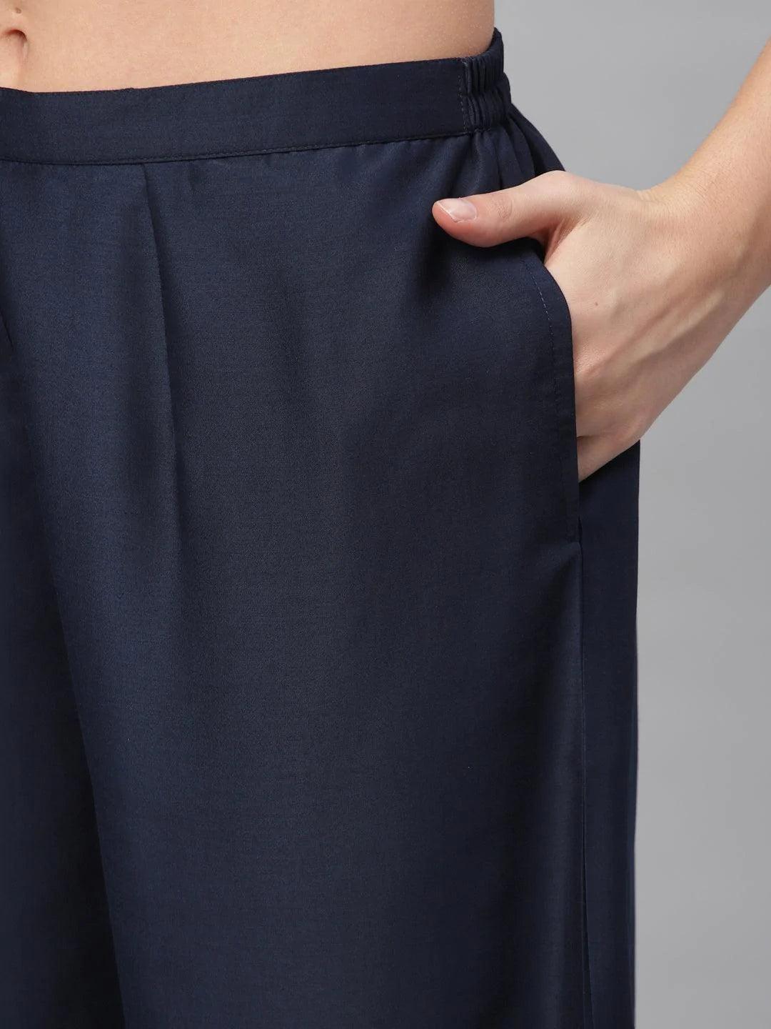 Navy Blue Solid Polyester Sharara Pants - ShopLibas 
