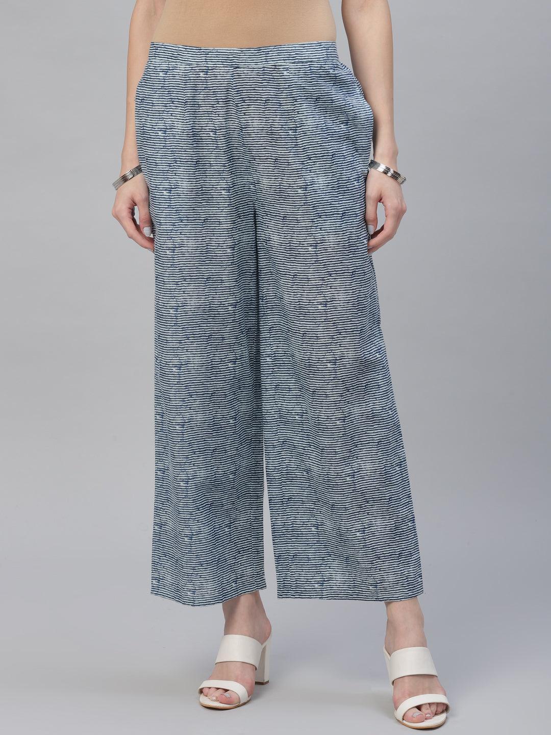 Blue Striped Cotton Palazzos - ShopLibas