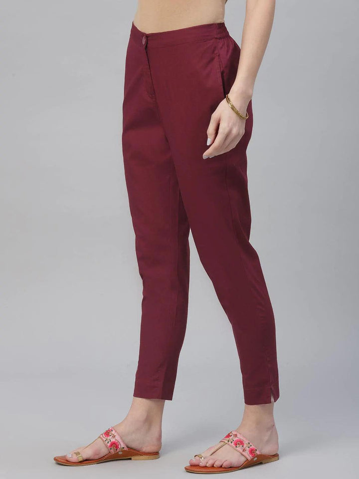 Maroon Solid Cotton Trousers - ShopLibas