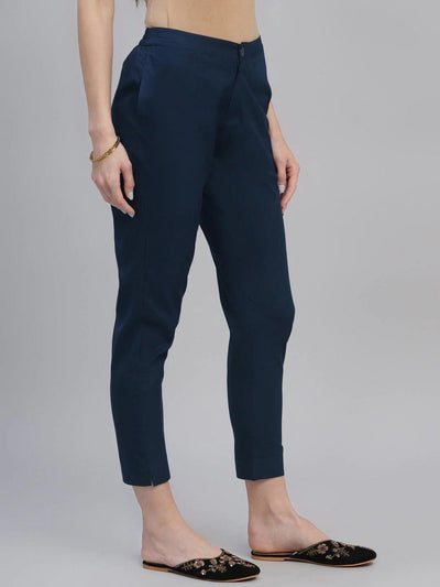 Blue Solid Cotton Trousers - ShopLibas