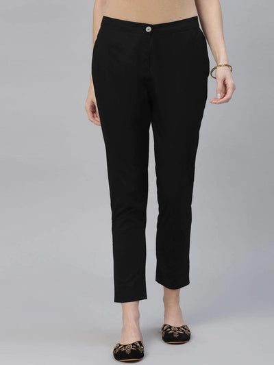 Black Solid Cotton Trousers - ShopLibas