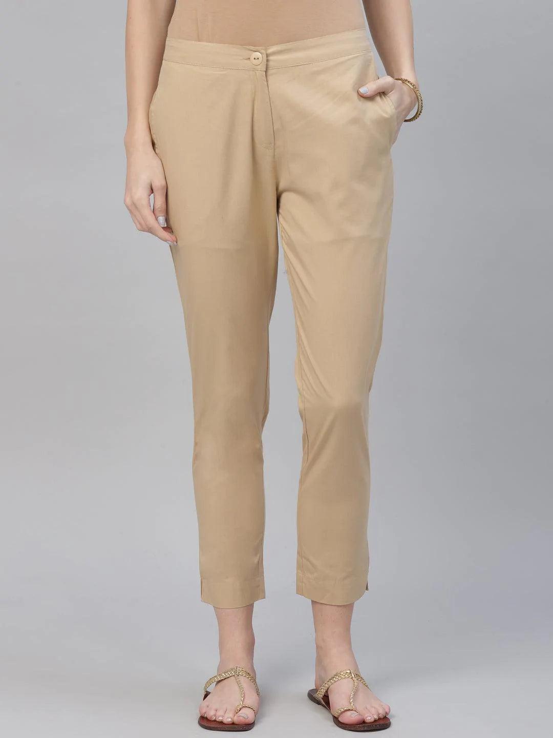 Beige Solid Cotton Trousers - ShopLibas
