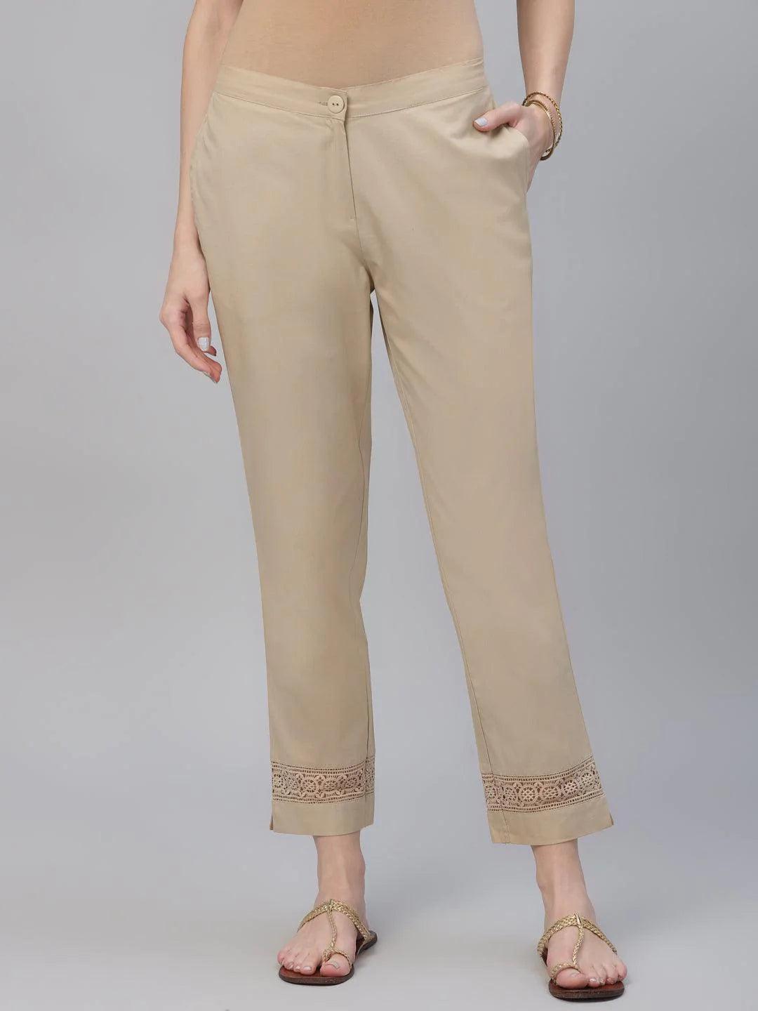 Beige Solid Cotton Trousers - ShopLibas
