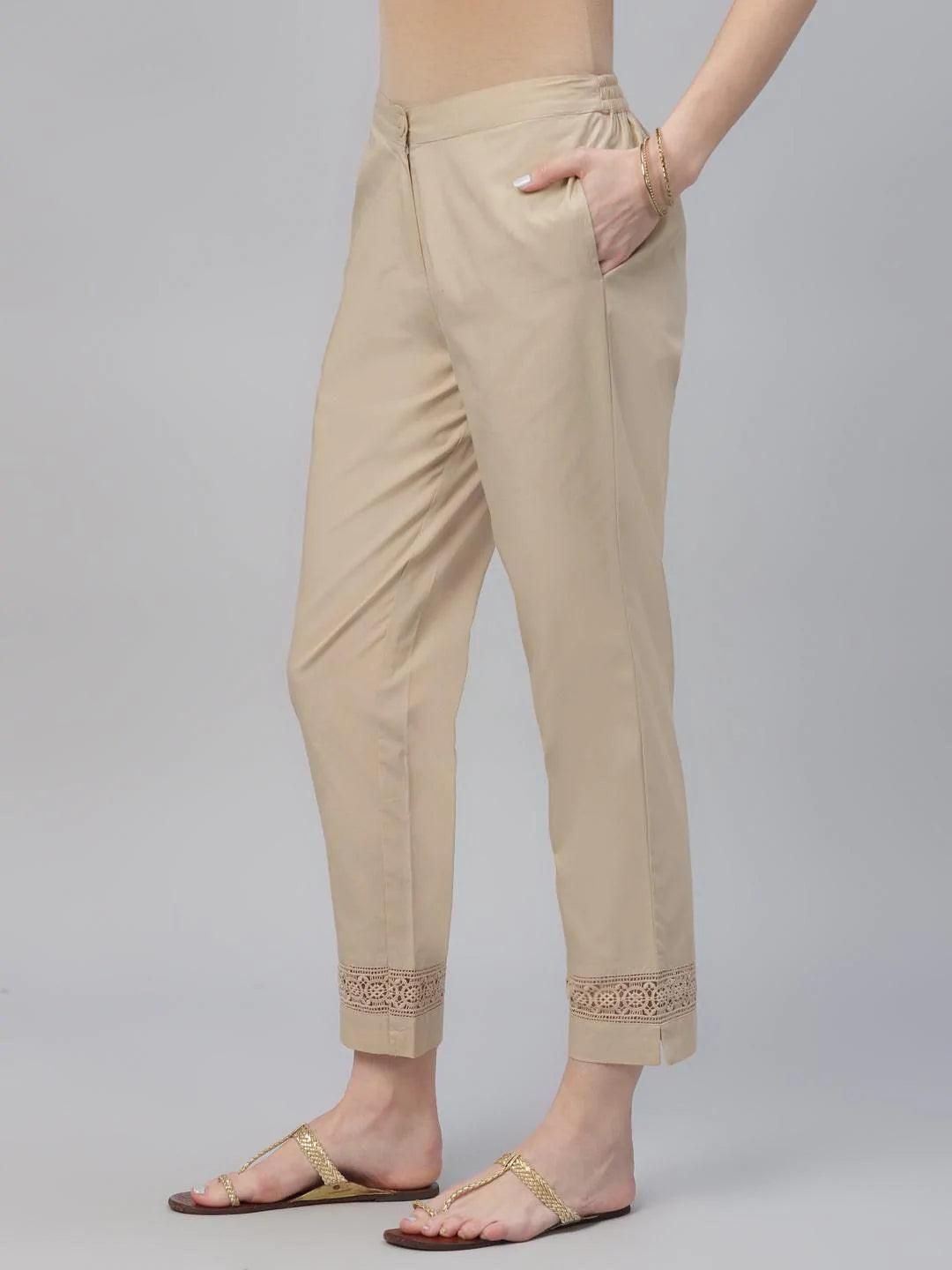 Beige Solid Cotton Trousers - ShopLibas