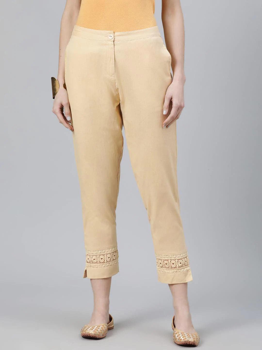 Beige Solid Cotton Palazzos - ShopLibas