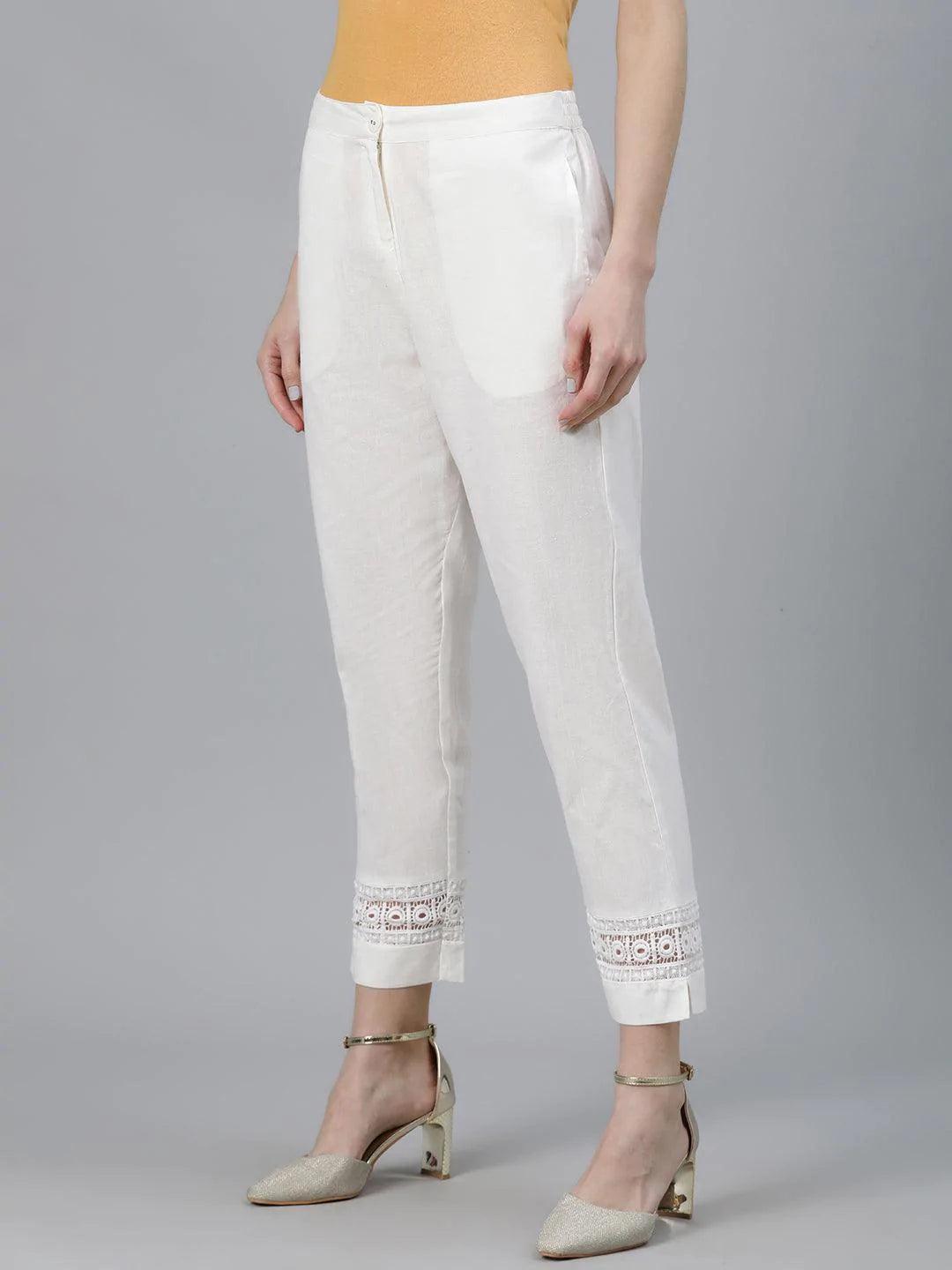 Off-White Solid Cotton Palazzos - ShopLibas 