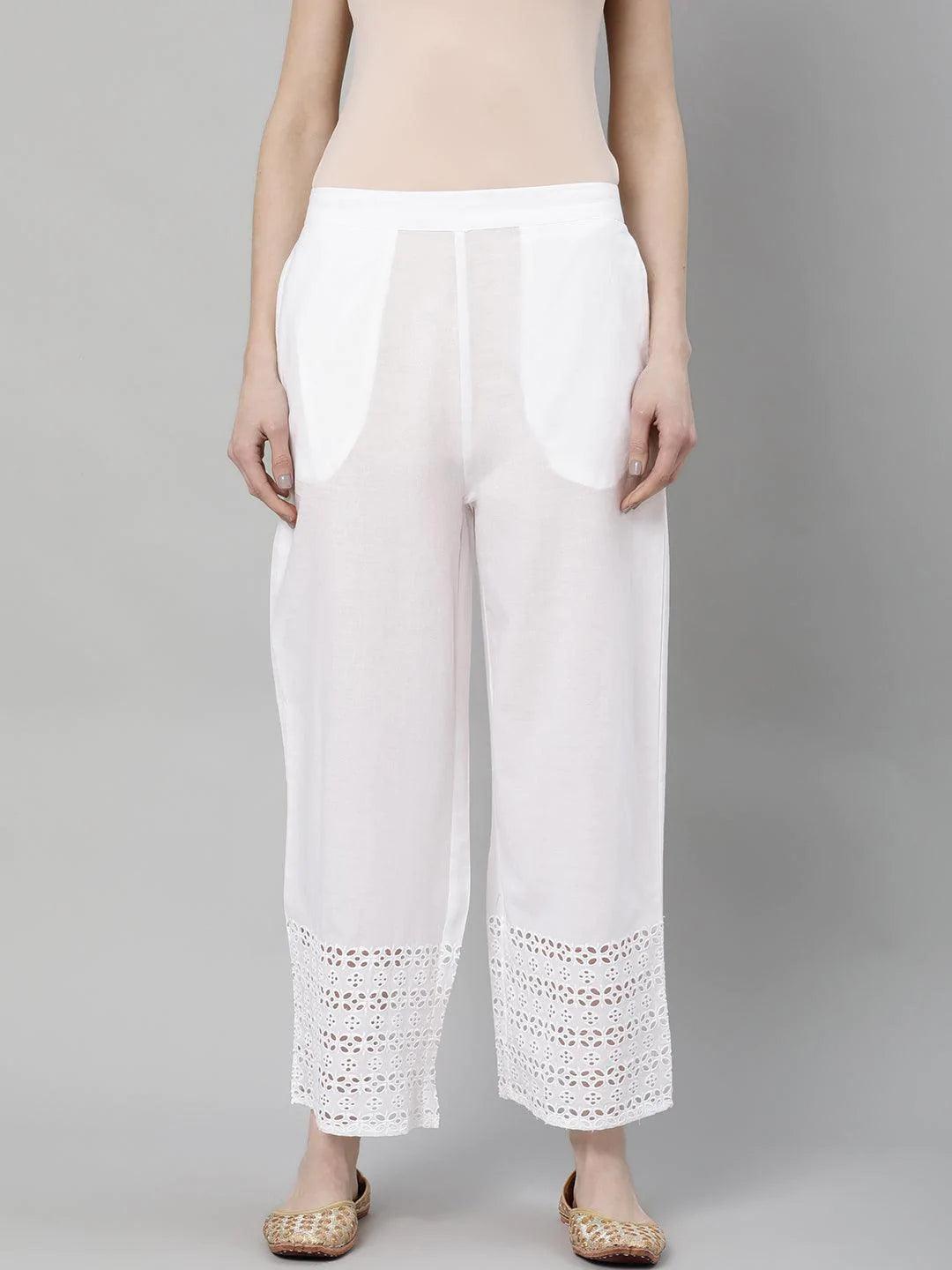 White Solid Cotton Palazzos - ShopLibas