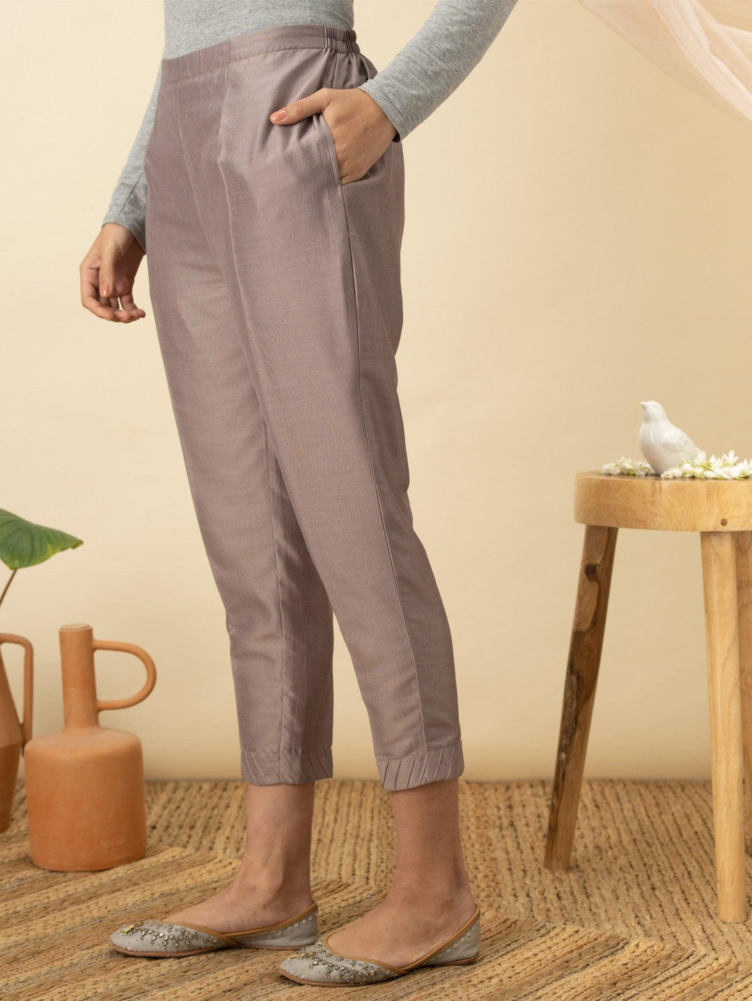 Grey Solid Silk Trousers - ShopLibas 