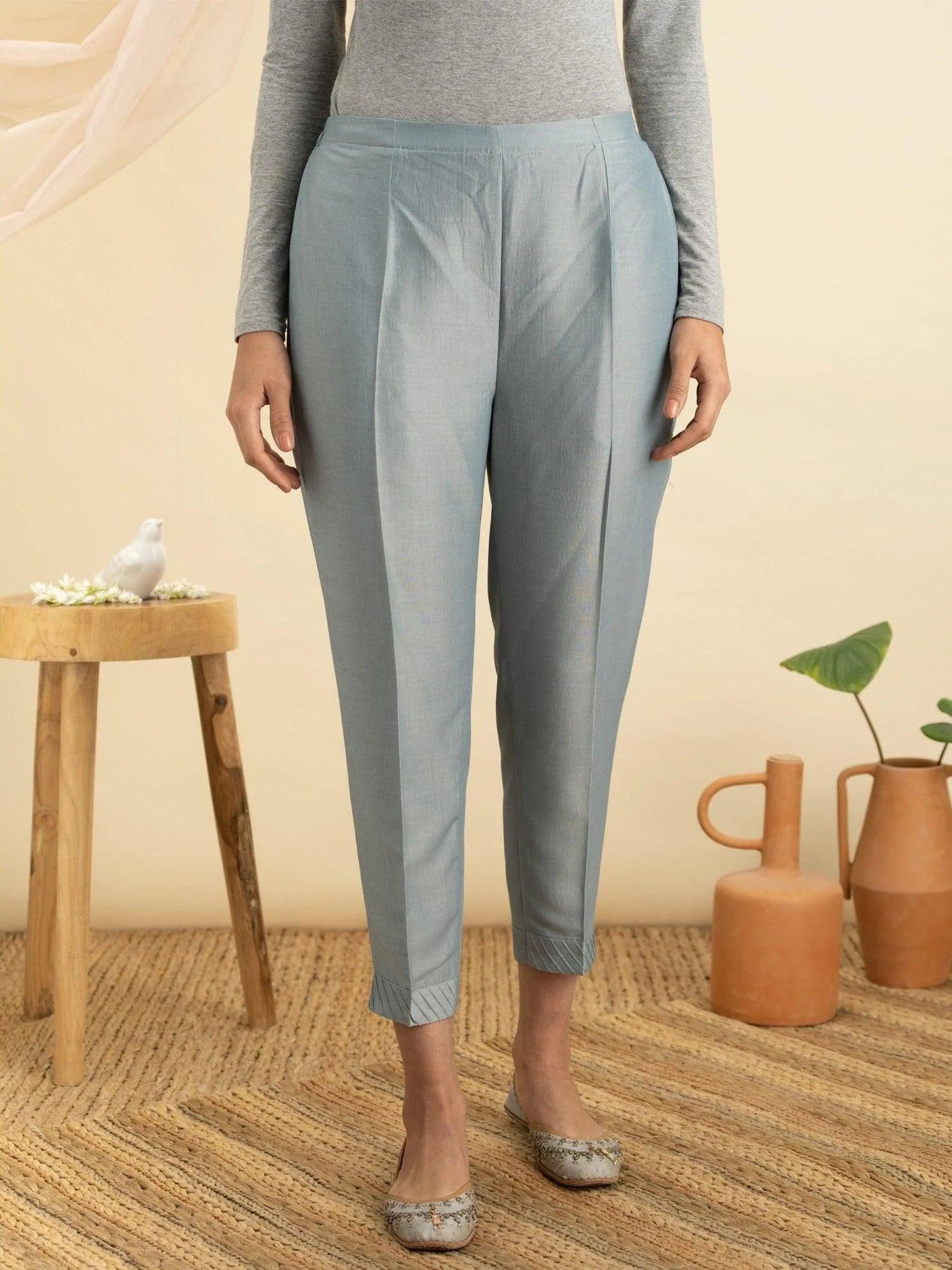 Grey Solid Silk Trousers - ShopLibas