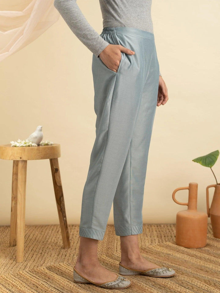 Grey Solid Silk Trousers