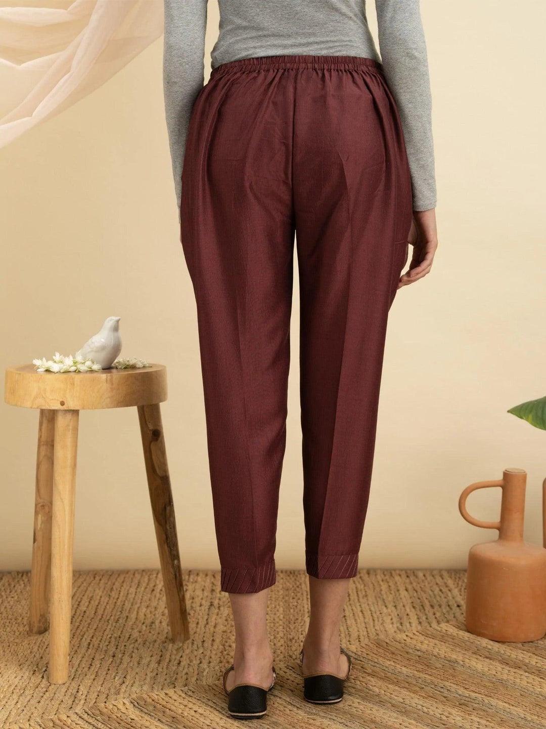 Maroon Solid Silk Trousers - ShopLibas 