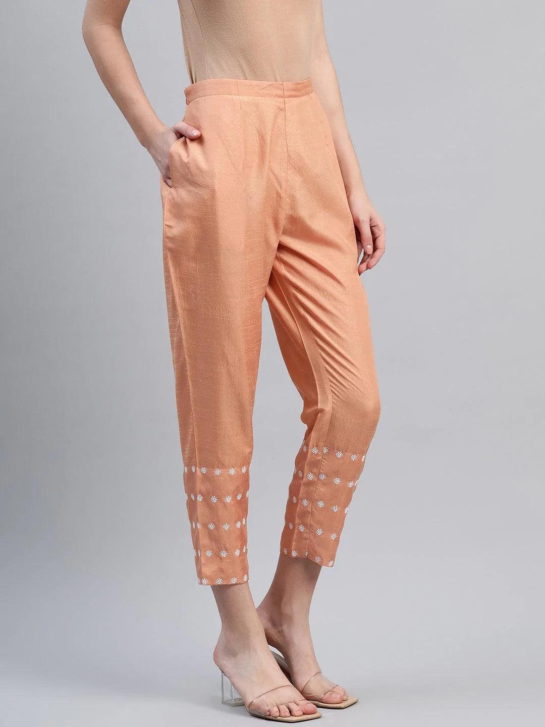 Orange Embroidered Silk Trousers - ShopLibas 