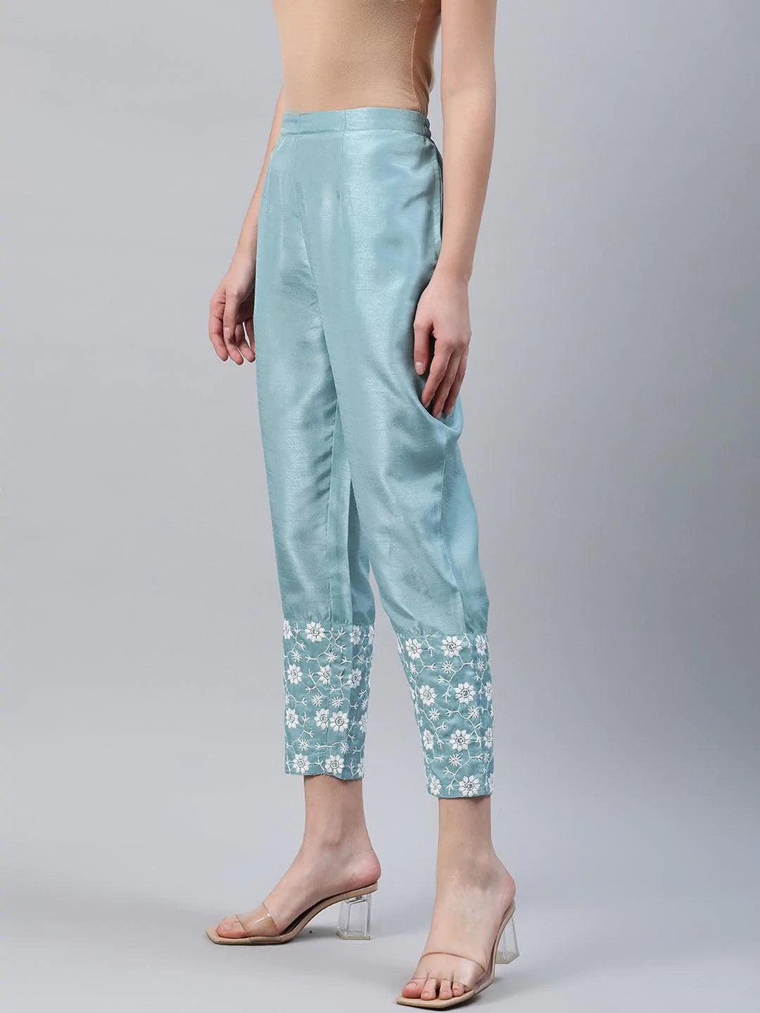 Blue Embroidered Silk Trousers - ShopLibas 