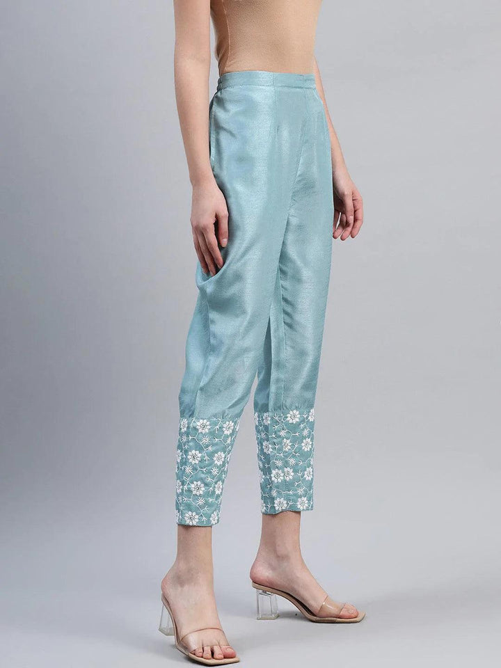 Blue Embroidered Silk Trousers