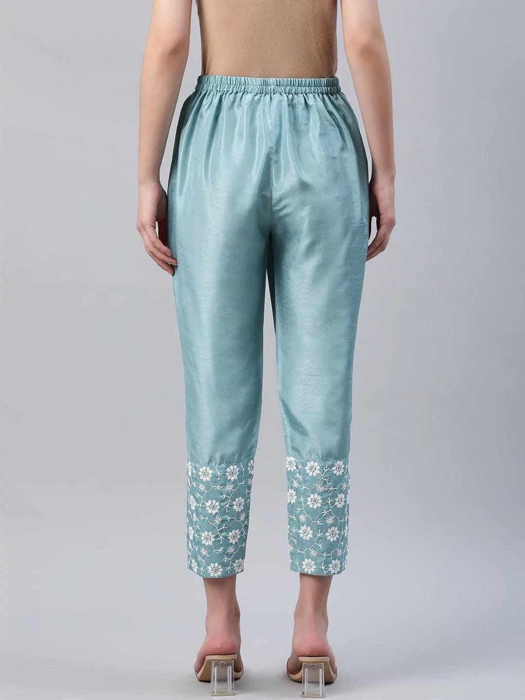 Blue Embroidered Silk Trousers - ShopLibas 