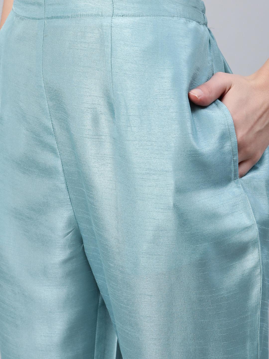 Blue Embroidered Silk Trousers - ShopLibas 