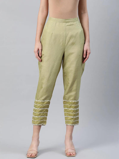 Green Embroidered Silk Trousers - ShopLibas