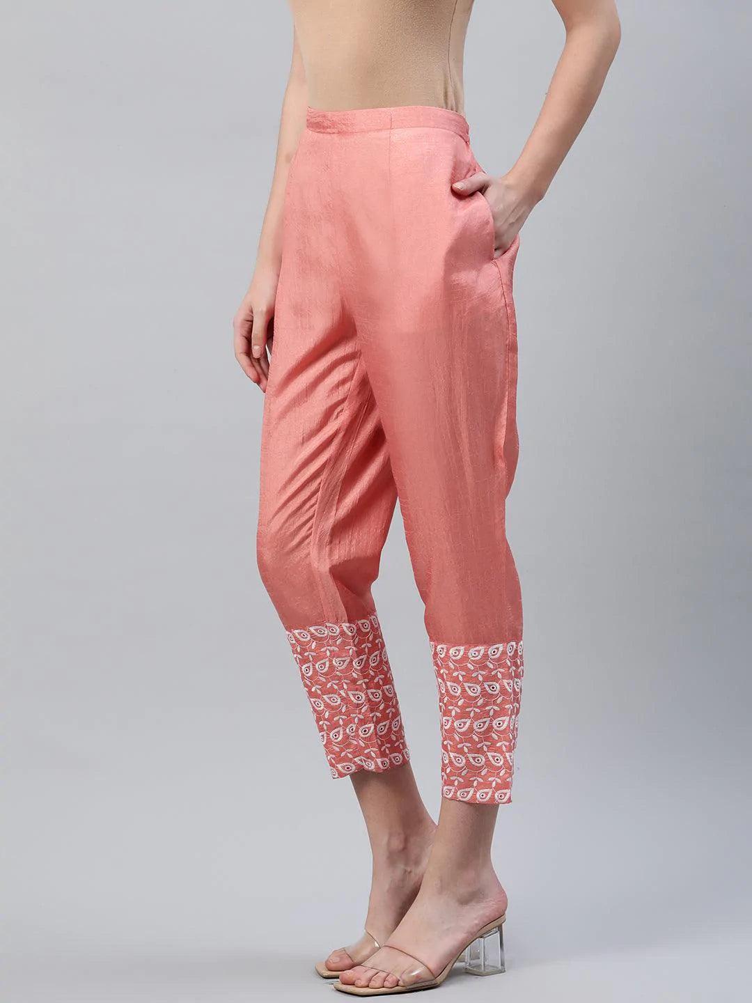 Peach Embroidered Silk Trousers - ShopLibas 