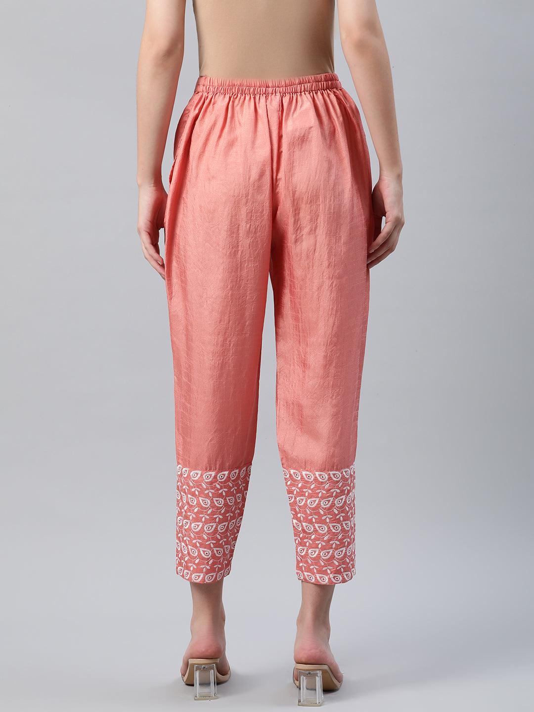 Peach Embroidered Silk Trousers - ShopLibas 