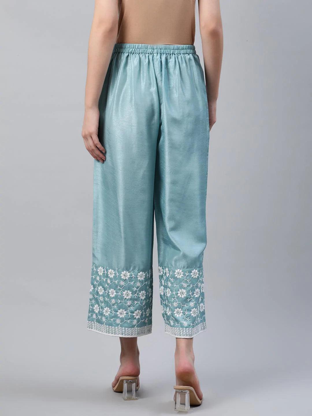 Blue Embroidered Silk Palazzos - ShopLibas 