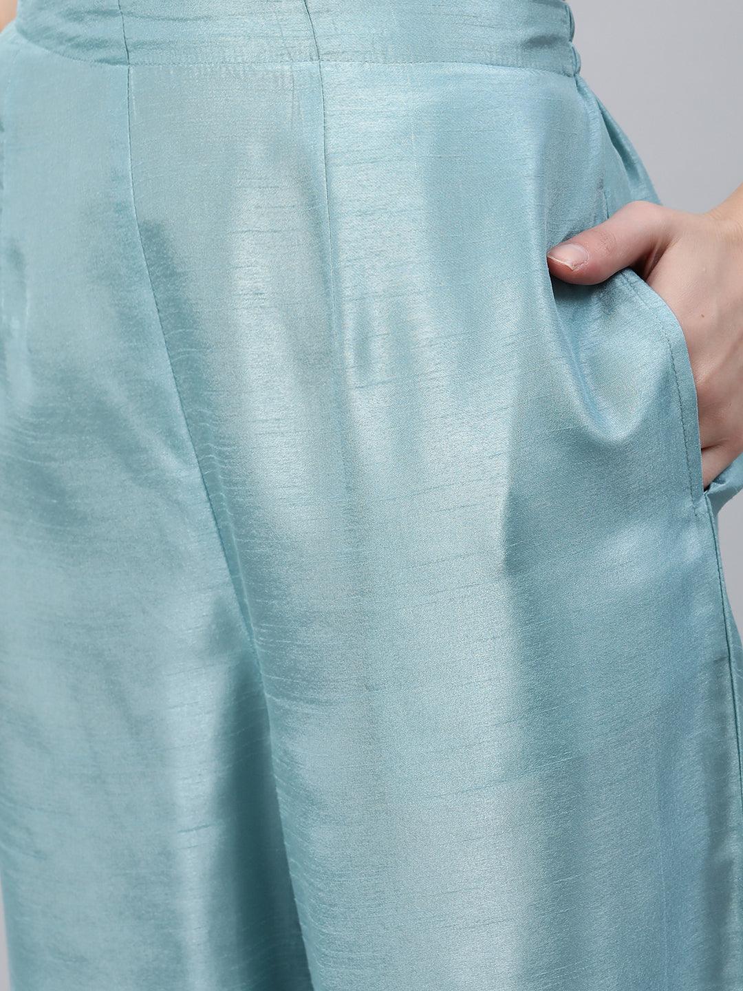 Blue Embroidered Silk Palazzos - ShopLibas 
