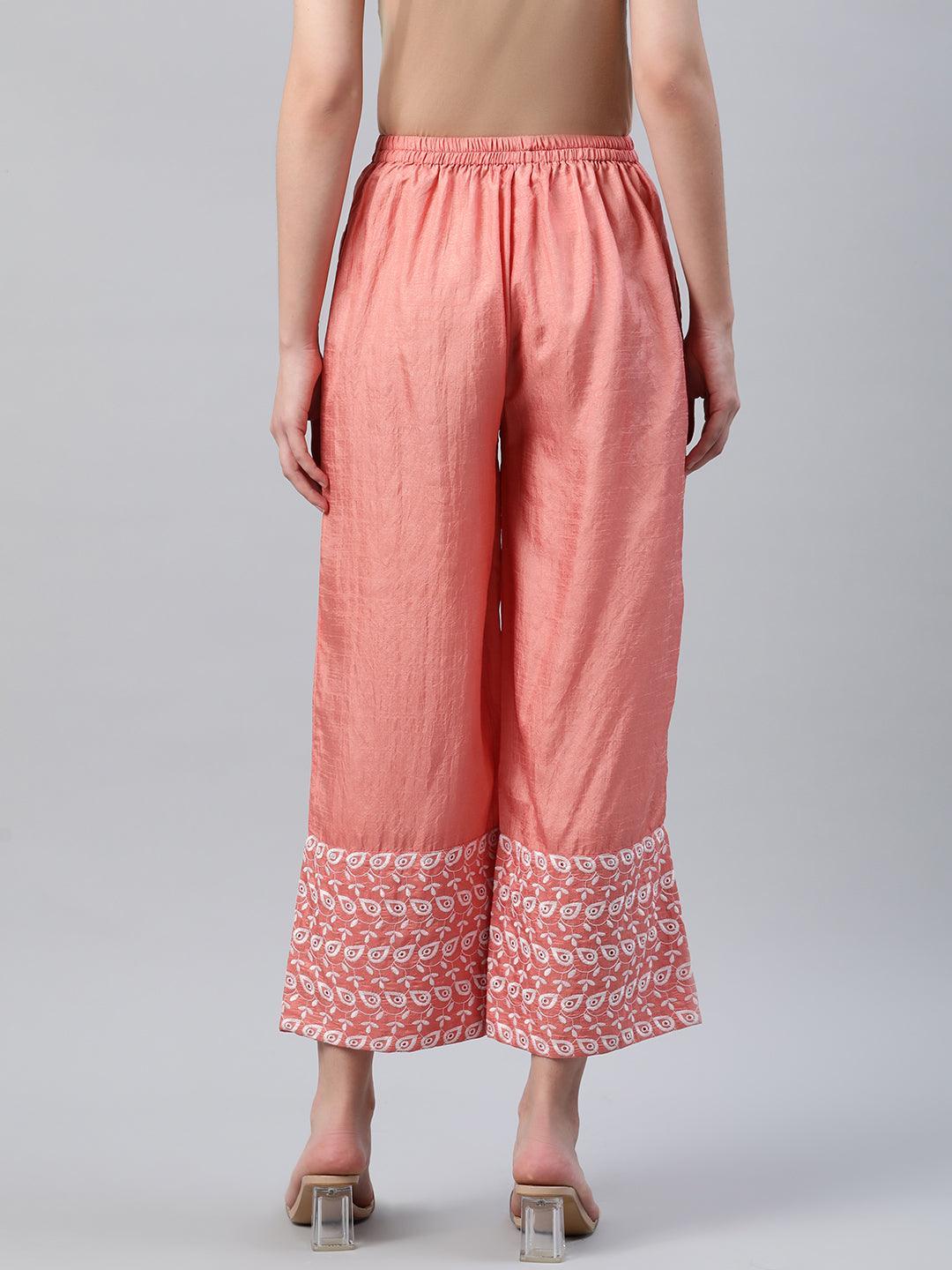 Peach Embroidered Silk Palazzos - ShopLibas 