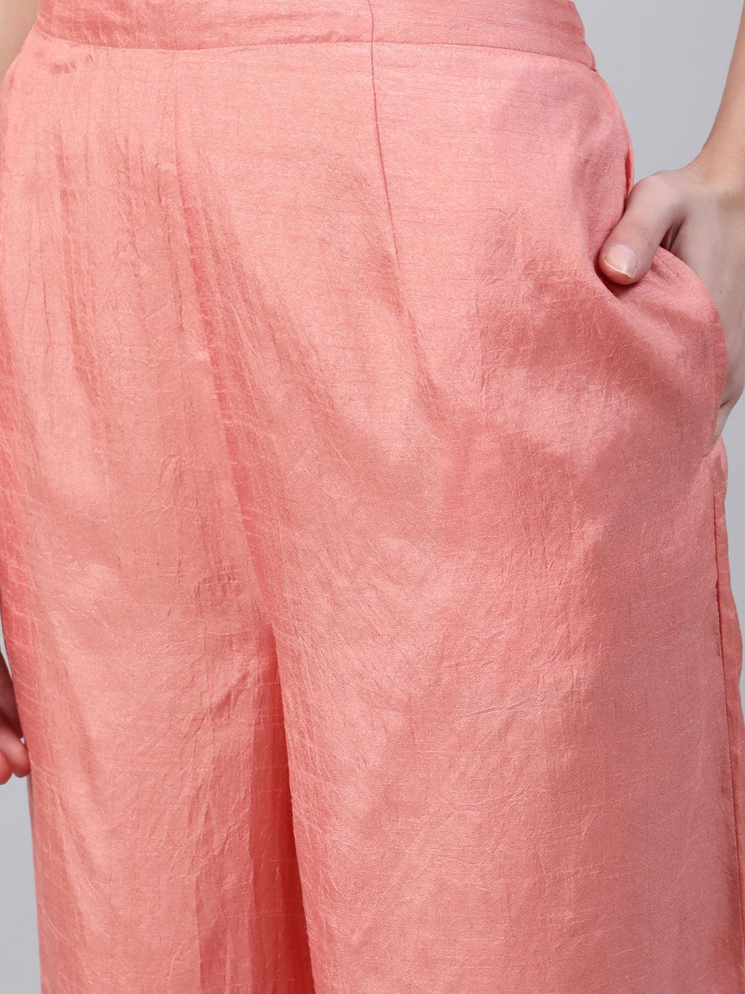 Peach Embroidered Silk Palazzos - ShopLibas 