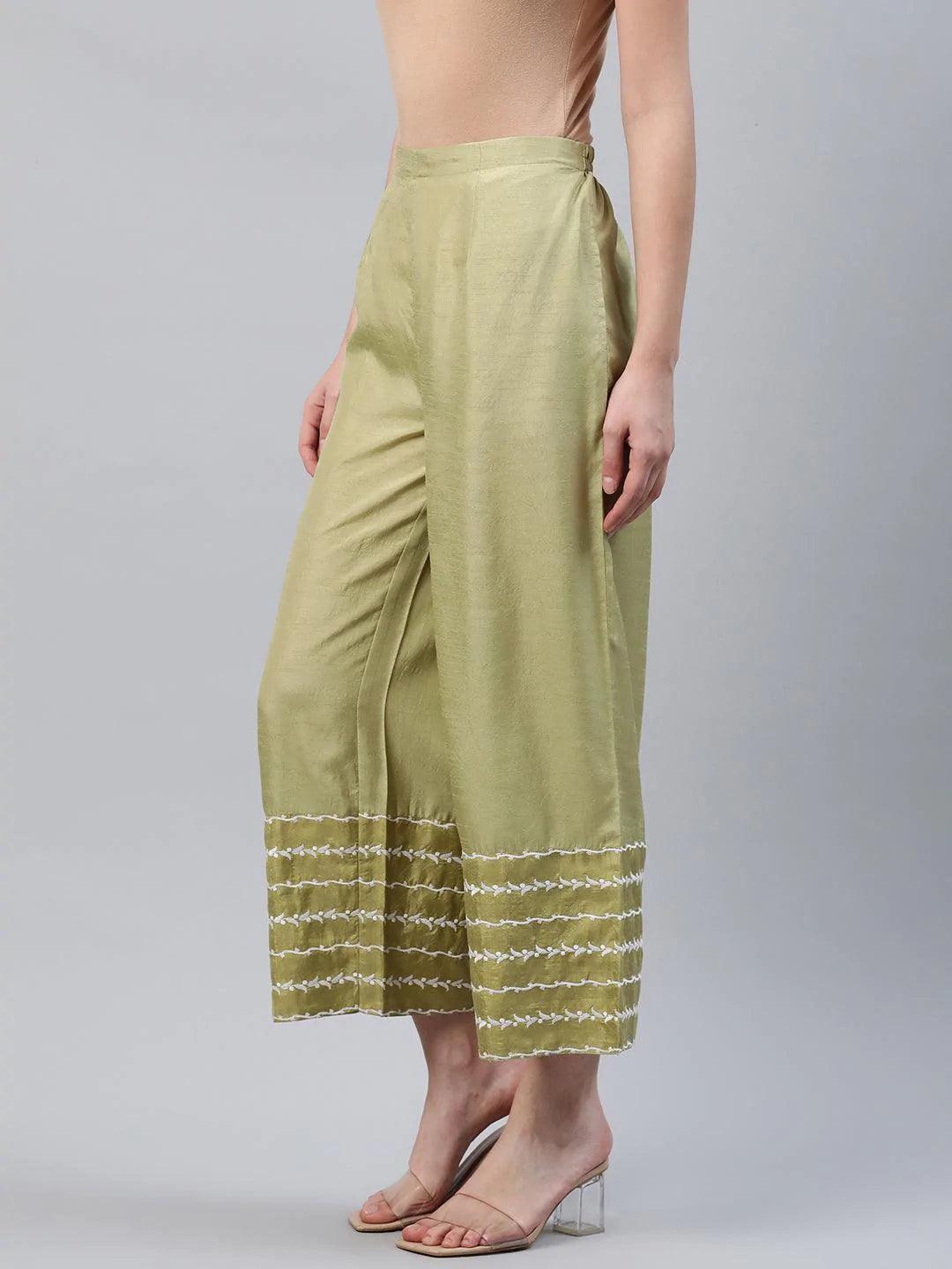 Green Embroidered Silk Palazzos - ShopLibas 