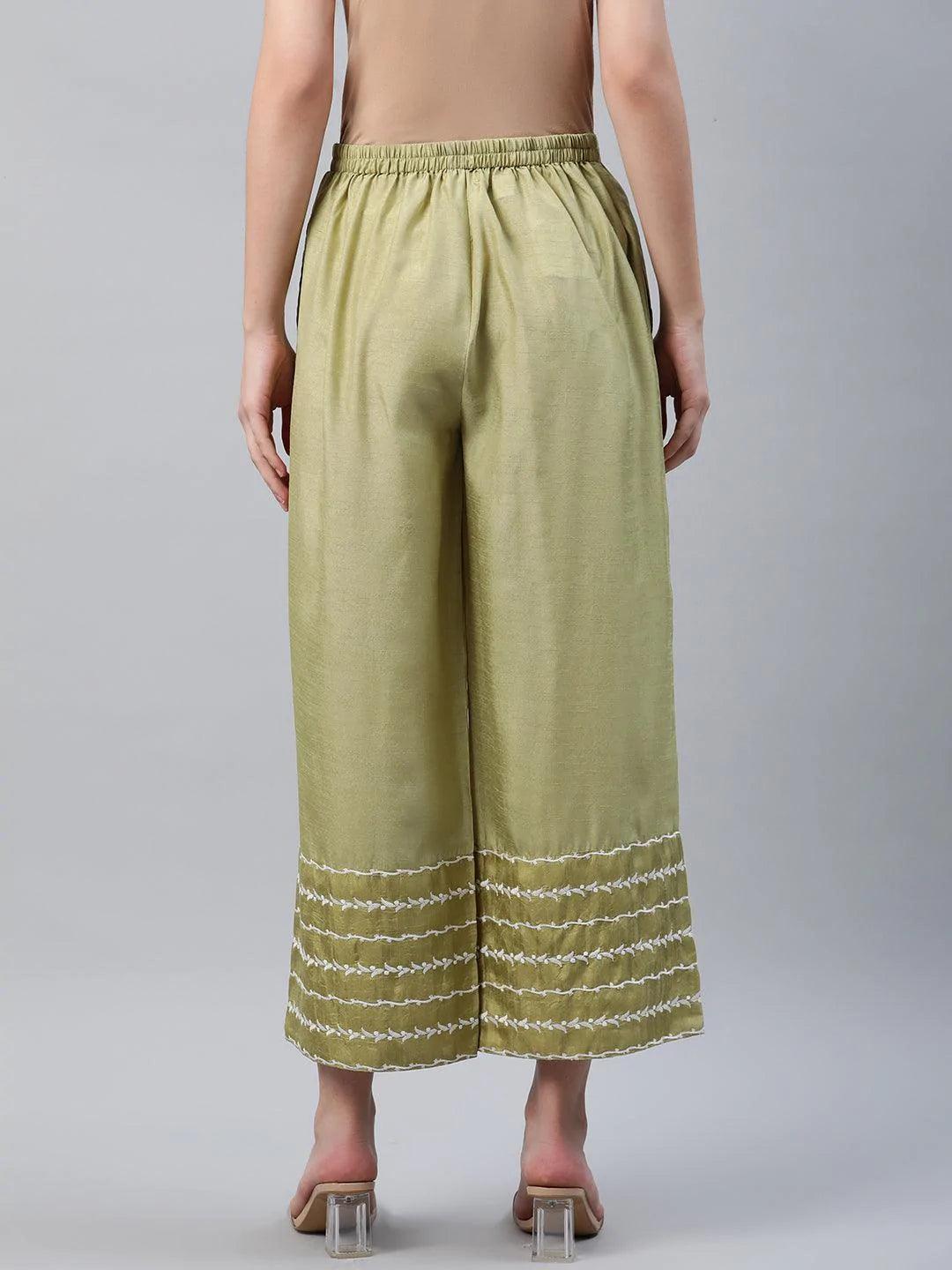 Green Embroidered Silk Palazzos - ShopLibas 