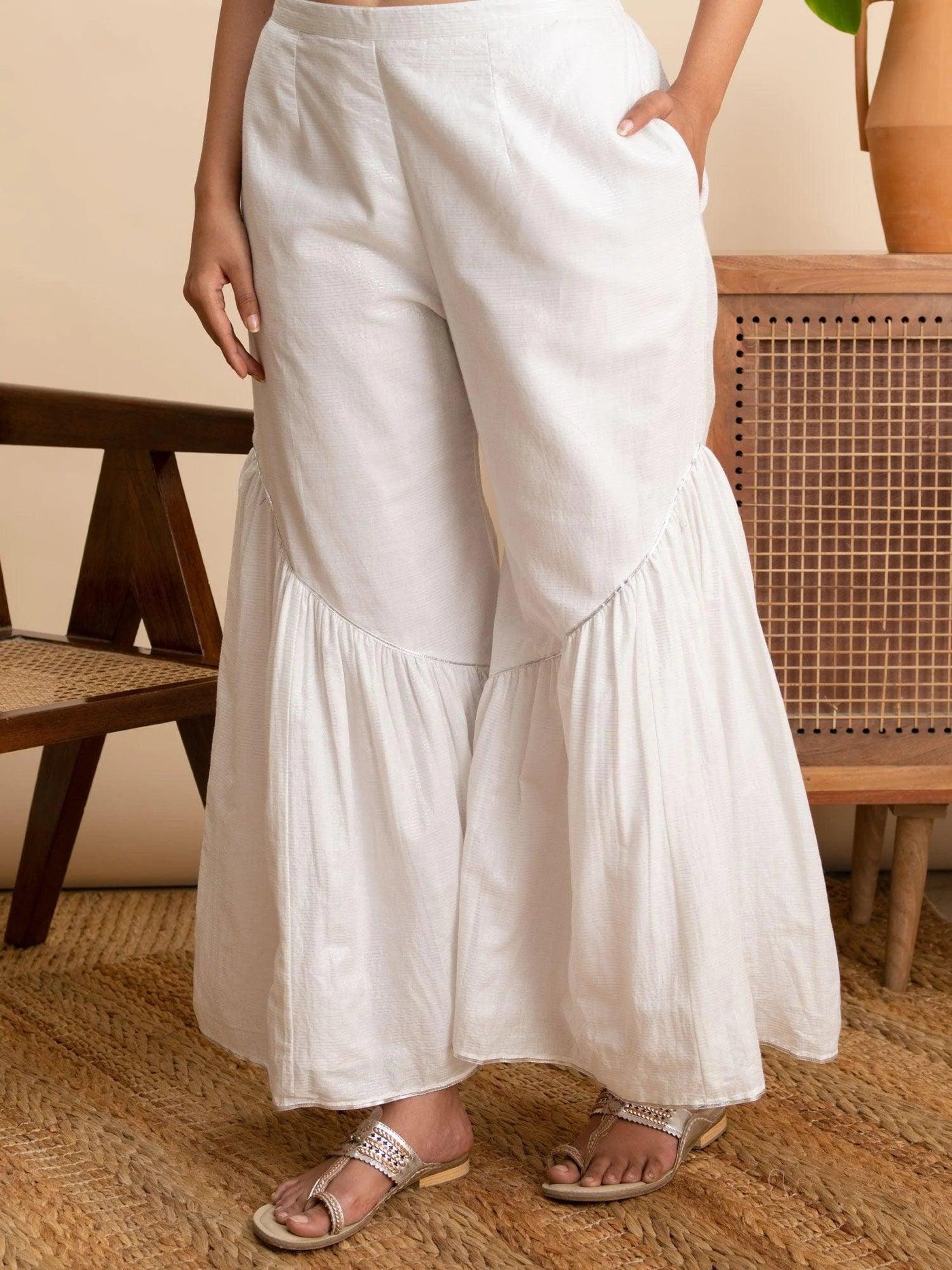 White Solid Cotton Sharara Pants - ShopLibas