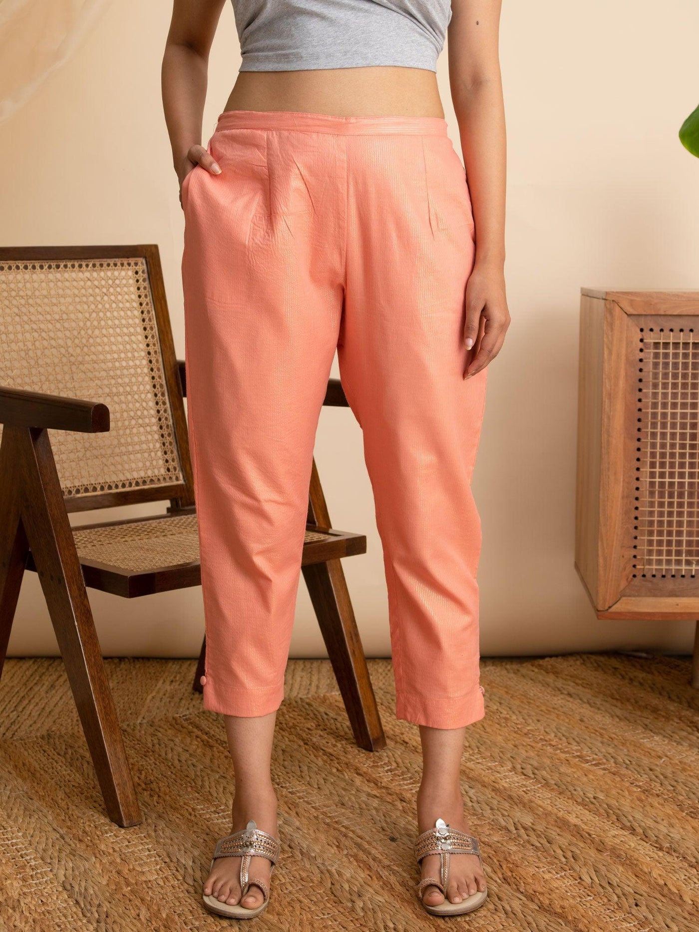 Peach Self Design Cotton Trousers - ShopLibas