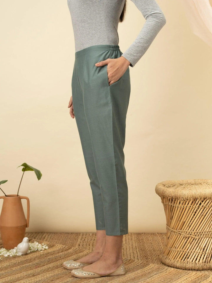 Green Solid Cotton Trousers
