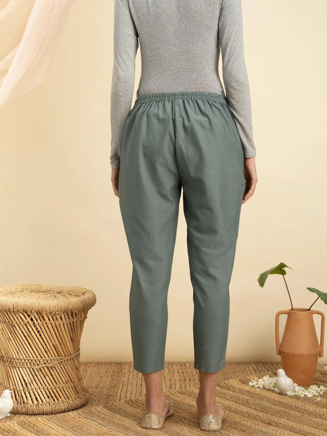 Green Solid Cotton Trousers - ShopLibas 