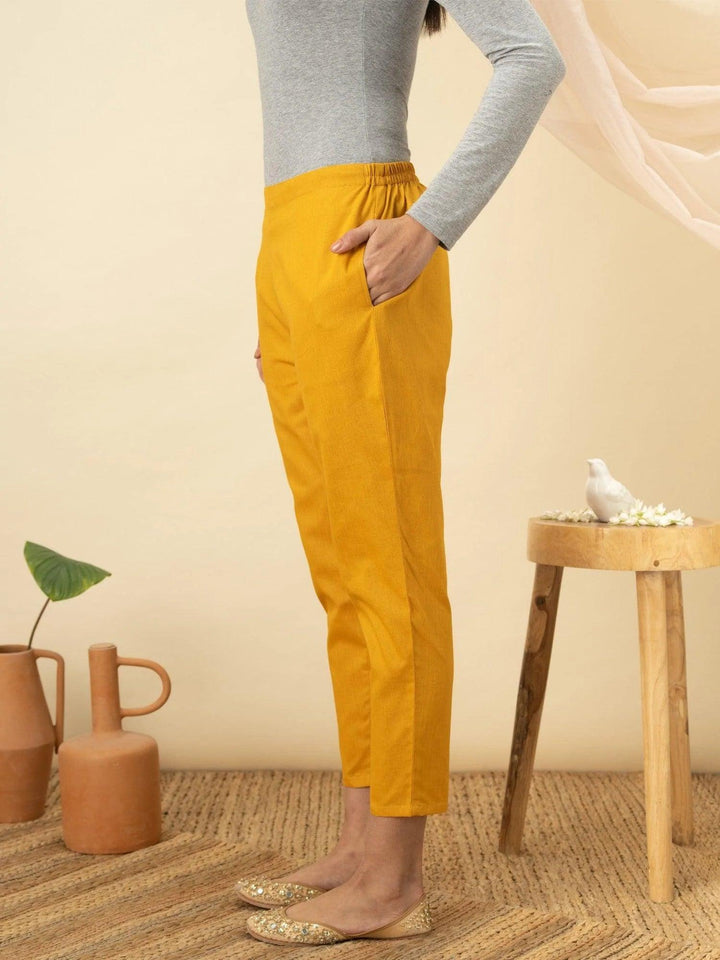 Yellow Solid Cotton Trousers