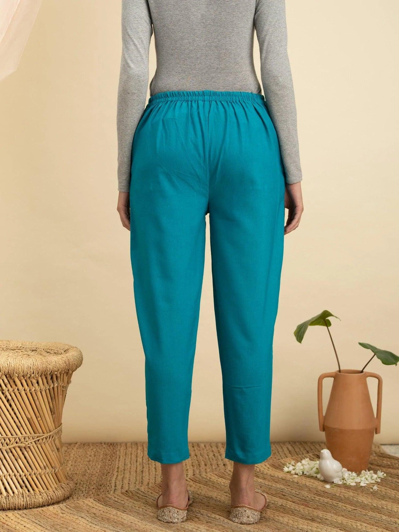 Blue Solid Cotton Trousers - ShopLibas